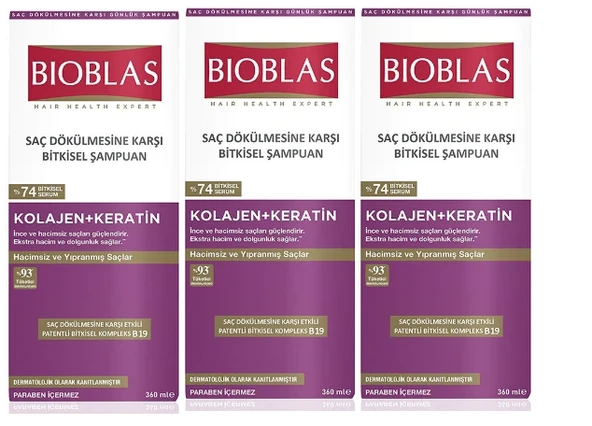 Bioblas Saç Dökülmesine Karşı Şampuan Kollajen + Keratin 360 ml 3'lü avantajlı set