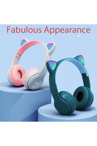 Choice P47M Wireless Headphone Flash Light Cute Cat Ears Fone with Mic Control LED Stereo Music Helmet P... - Resim 2