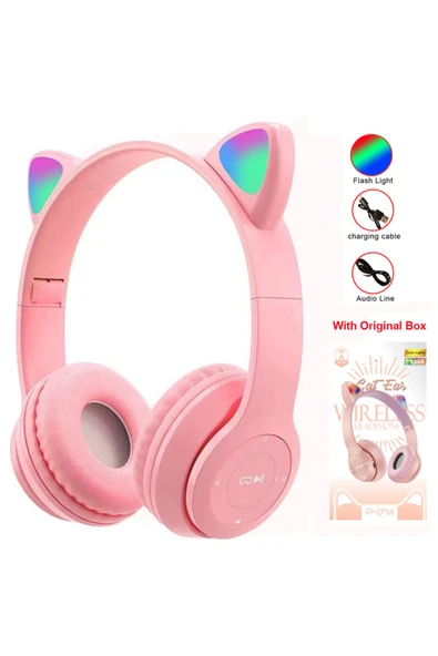 KGG P47M Cut Cat Ears Headphone Wireless LED Flashlight with Mic Stereo Music Helmet Phone Blueotooth...