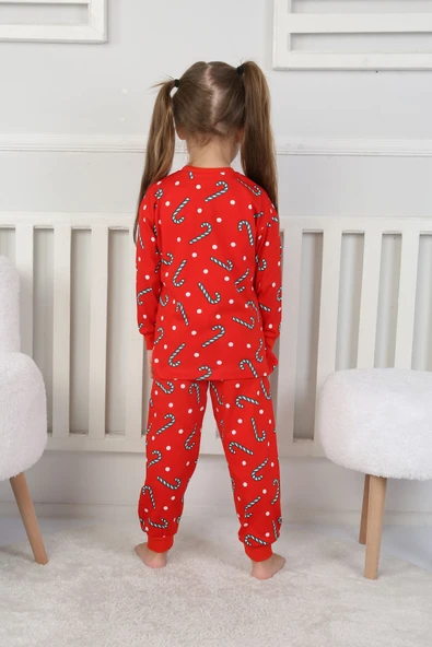 Yılbaşı Temalı Baston Şeker Desenli %100 Pamuk Unisex Pijama Takımı - Resim 4