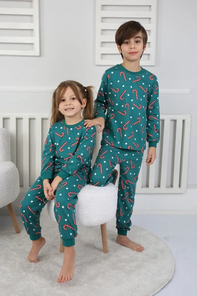Yılbaşı Temalı Baston Şeker Desenli %100 Pamuk Unisex Pijama Takımı - Resim 7