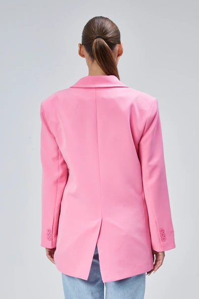 Pembe Kadın Düğmeli Oversize Blazer Ceket - 7