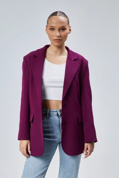 Mor Kadın Düğmeli Oversize Blazer Ceket