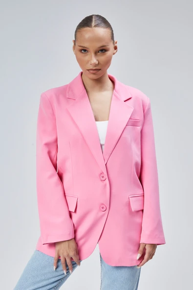 Pembe Kadın Düğmeli Oversize Blazer Ceket - 2
