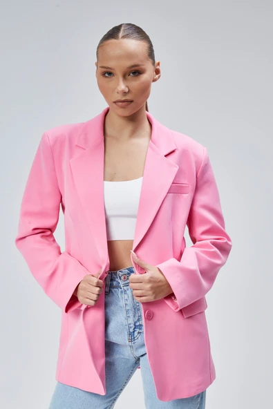 Pembe Kadın Düğmeli Oversize Blazer Ceket