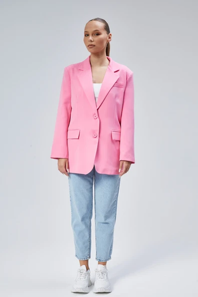 Pembe Kadın Düğmeli Oversize Blazer Ceket - 4