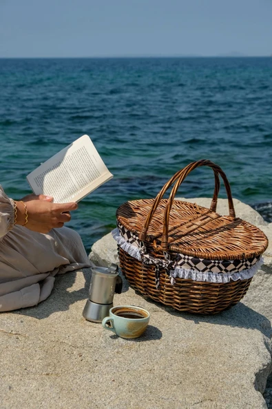 Marilena - Hasır Kapaklı Kulplu Naturel Piknik Sepeti