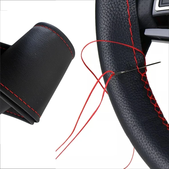 Direksiyon Kılıfı Deri Dikme Evalı Model Siyah Kırmızı 38-40 cm - 3