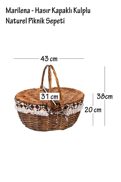 Marilena - Hasır Kapaklı Kulplu Naturel Piknik Sepeti - 5
