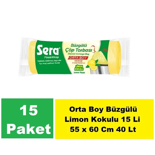 Sera Çöp Torbası Büzgülü Limon Kokulu Orta Boy 15 Li 55 x 60 Cm x 15 Paket