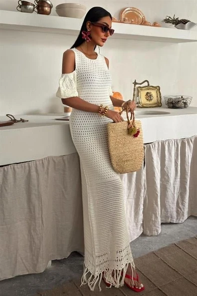 Omuz Detaylı Etek Ücü Püsküllü Lucky Life Kadın Triko Elbise - Resim 2