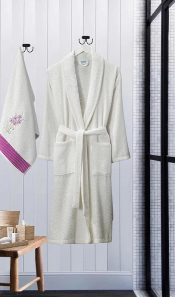 Bornoz - Nakışlı Havlu Seti Cora Bayan Krem L/XL+45x85cm - Resim 3