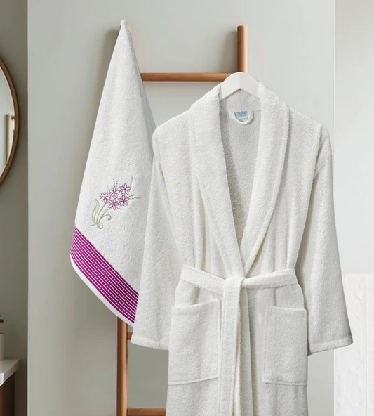 Bornoz - Nakışlı Havlu Seti Cora Bayan Krem L/XL+45x85cm - Resim 2