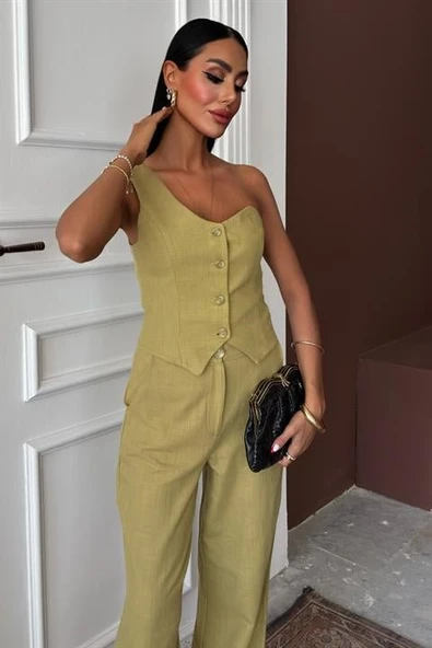 Lucky Life Kadın Tek Omuz Büstiyer Plazzo Pantolon Viscon Takım