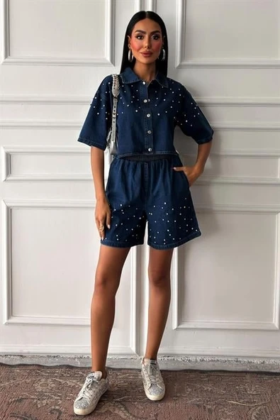 Lucky Life Kadın Taş Detaylı Gömlek Şort Denim Takım