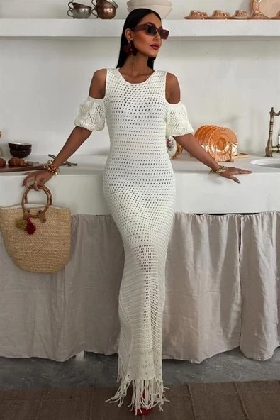 Omuz Detaylı Etek Ücü Püsküllü Lucky Life Kadın Triko Elbise - Resim 6