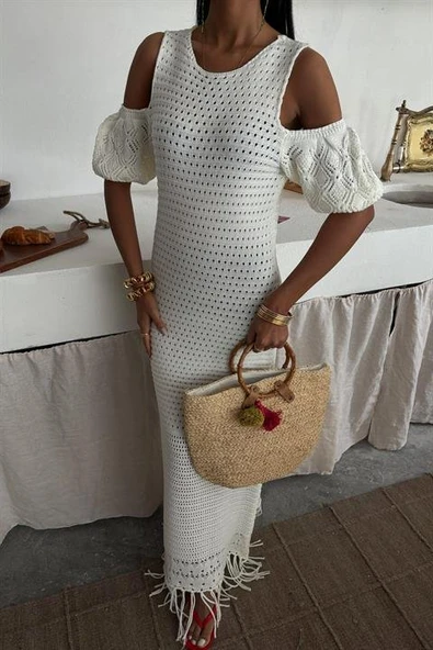 Omuz Detaylı Etek Ücü Püsküllü Lucky Life Kadın Triko Elbise - Resim 7