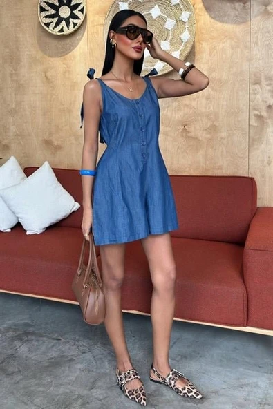 Lucky Life Kadın Tensel Denim Kumaşlı Mini Tulum