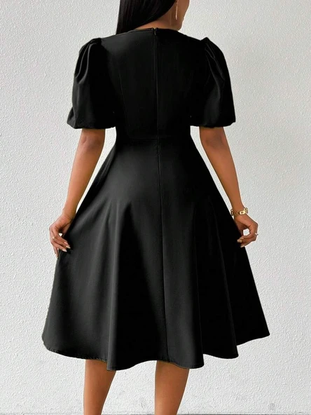 Lucky Life Kadın Kısa Lucky Life Kadın Balon Kollu Bisiklet Yaka Kiloş Janjan Krep Elbise - Resim 4