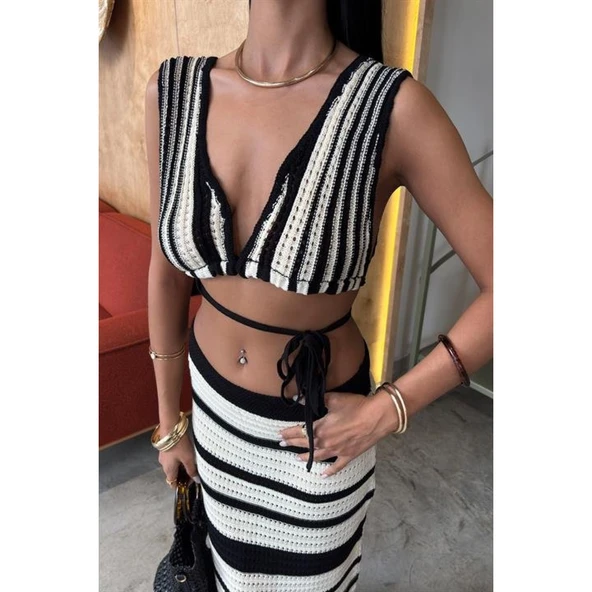 Çizgili Bikini Üst Ve Etek Lucky Life Kadın Triko Takım - 5