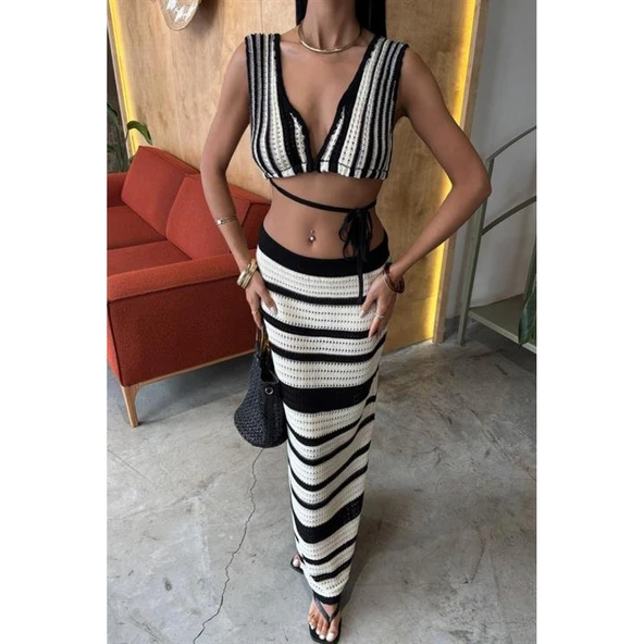 Çizgili Bikini Üst Ve Etek Lucky Life Kadın Triko Takım - 8