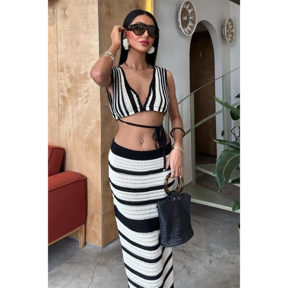 Çizgili Bikini Üst Ve Etek Lucky Life Kadın Triko Takım - 6