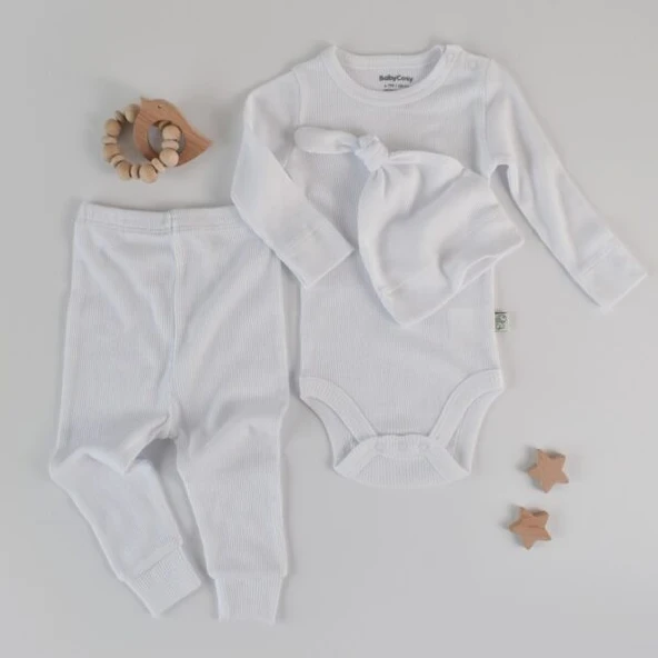3'lü Takım Pantolon-Çıt Çıtlı Badi-Şapka 22511 Beyaz