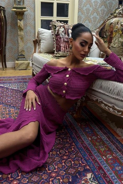 Madonna Yaka Derin Yırtmaç Etekli Şık Lucky Life Kadın Triko Takım - 8