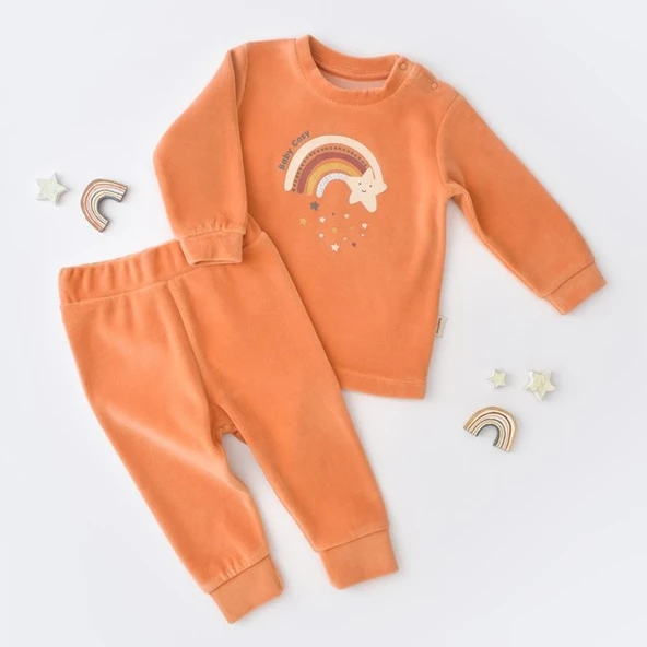 Yıldız Kadife Pantolon & Uzun Kollu Tişört Takım 6008 Mercan