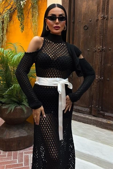 Saten Kuşaklı Ajurlu Lucky Life Kadın Triko Elbise ürün görseli 1