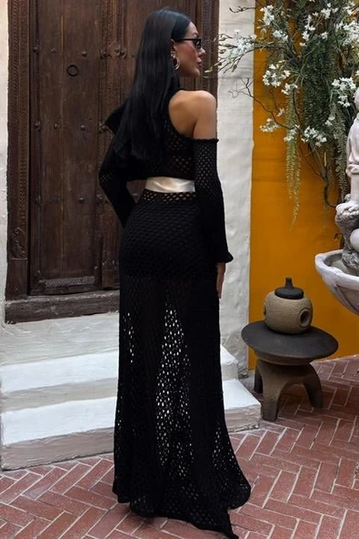 Saten Kuşaklı Ajurlu Lucky Life Kadın Triko Elbise - Resim 5