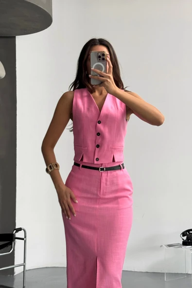 Lucky Life Kadın YELEK-ÖNDEN YIRTMAÇLI ETEK TK ŞANTUK KETEN - Pembe