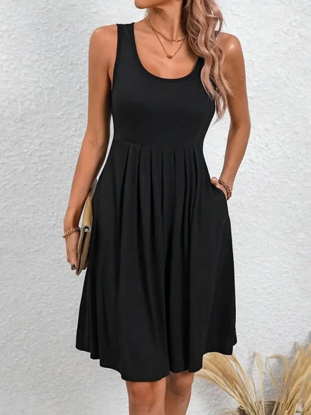 Lucky Life Kadın Askılı Yuvarlak Yaka önden Pileli Viskon Elbise ürün görseli 1