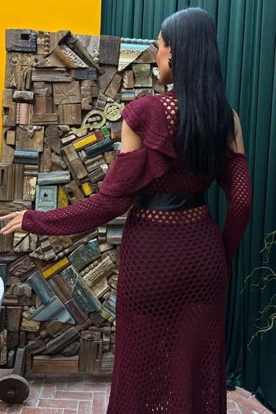 Saten Kuşaklı Ajurlu Lucky Life Kadın Triko Elbise - Resim 8