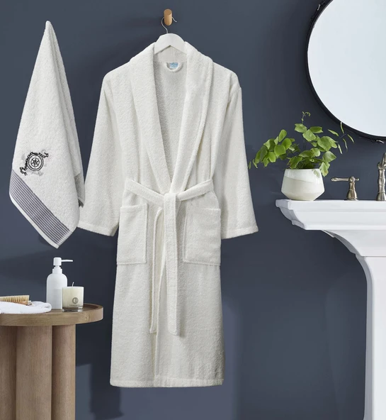 Bornoz - Nakışlı Havlu Seti Cora Erkek Krem L/XL+45x85cm