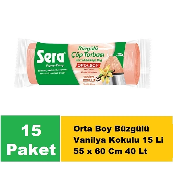 Sera Çöp Torbası Büzgülü Vanilya Kokulu Orta Boy 15 Li 55 x 60 Cm x 15 Paket