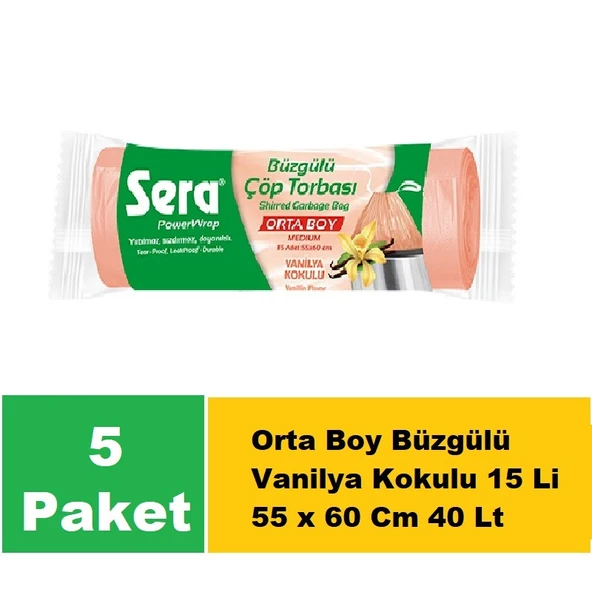 Sera Çöp Torbası Büzgülü Vanilya Kokulu Orta Boy 15 Li 55 x 60 Cm x 5 Paket