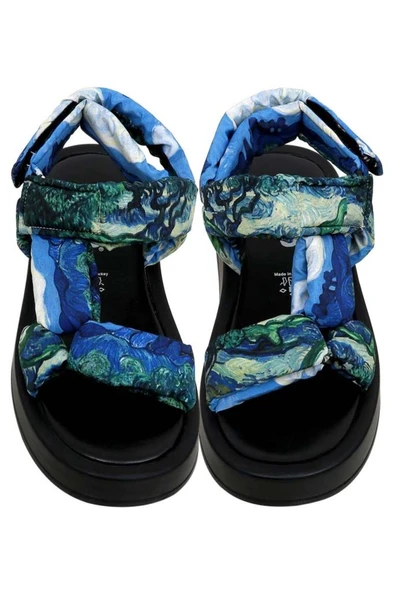 Kadın Vegan Deri Çok Renkli Kalın Taban Sandalet - Vincent van Gogh The Olive Trees Tasarım - 2