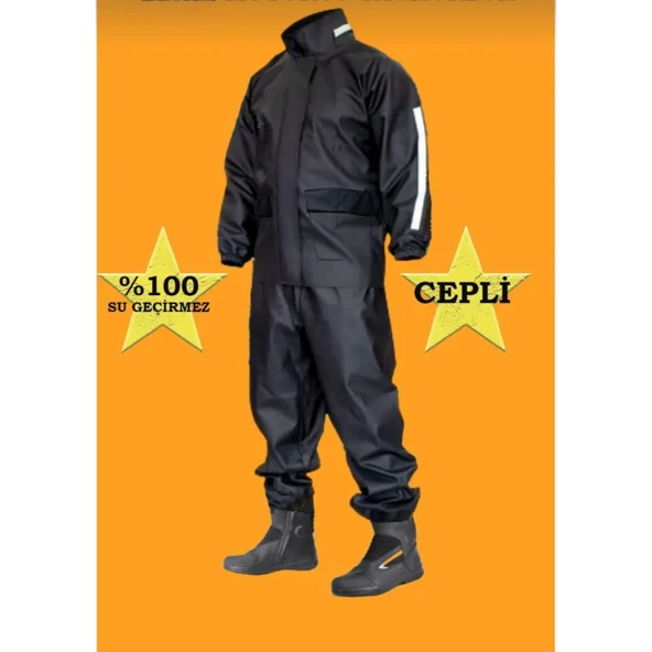 Lucky Life Unisex Tam Kalıp Motorcu Cepli Kurye Su Gecirmez Yağmurluk Takım - Siyah - 2
