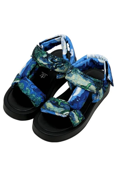 Kadın Vegan Deri Çok Renkli Kalın Taban Sandalet - Vincent van Gogh The Olive Trees Tasarım