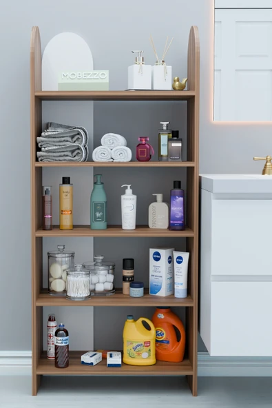 Limnizza 5 Raflı Modern Banyo Düzenleyici Raf Ünitesi Çok Amaçlı Depolama Rafı Havluluk Şampuanlık Dolap Ceviz