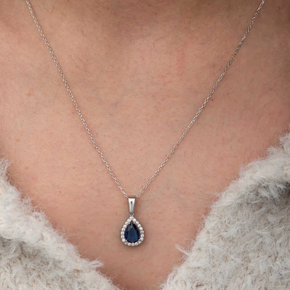 Lucky Life Gümüş Mavi Taşlı Damla Kadın Kolye - Resim 3