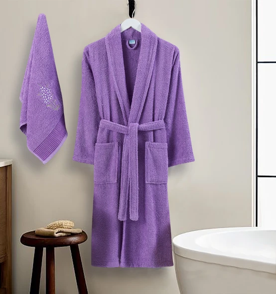 Bornoz - Nakışlı Havlu Seti Cora Lavanta L/XL+45x85cm