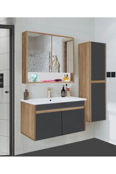 Alfa Banyo Serena Ea 80 cm Seramik Lavabolu Banyo Dolabı Seti, Boy Dolaplı, Mdf, 80+35 Cm, - 1