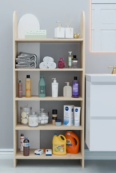 Limnizza 5 Raflı Modern Banyo Düzenleyici Raf Ünitesi Çok Amaçlı Depolama Rafı Havluluk Şampuanlık Dolap Safir Meşe
