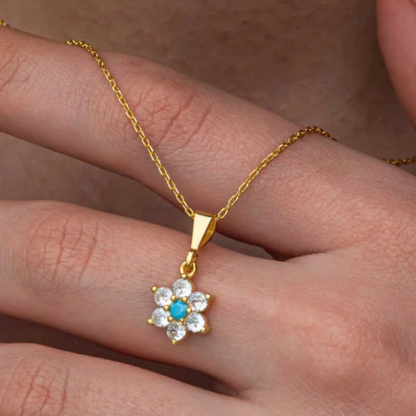 Lucky Life Gümüş Mavi Taşlı Gold Çiçek Kadın Set - 4