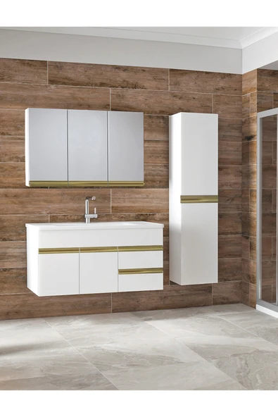 Esen Beyaz Gold 100+35 cm Mdf Lavabolu Banyo Dolabı Boy Dolaplı Banyo Lavabo Dolabı