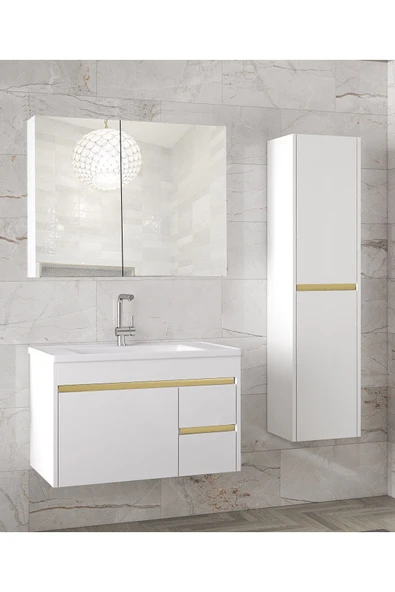 Viosen Bg-Ea 80 cm Seramik Lavabolu Banyo Dolabı Seti, Boy Dolaplı, (80+35) 115 cm