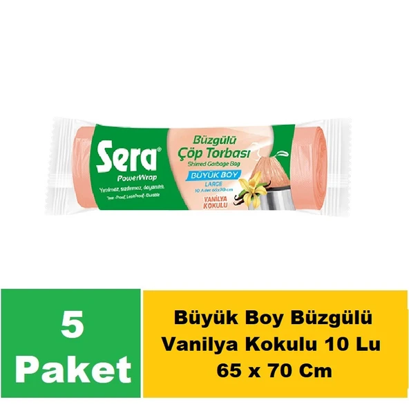 Sera Çöp Torbası Büzgülü Vanilya Kokulu Büyük Boy 10 Lu 65 x 70 Cm x 5 Paket