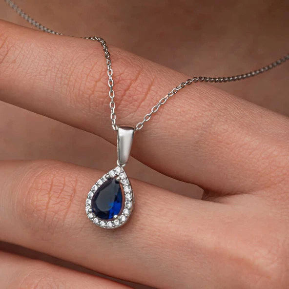 Lucky Life Gümüş Mavi Taşlı Damla Kadın Kolye ürün görseli 1